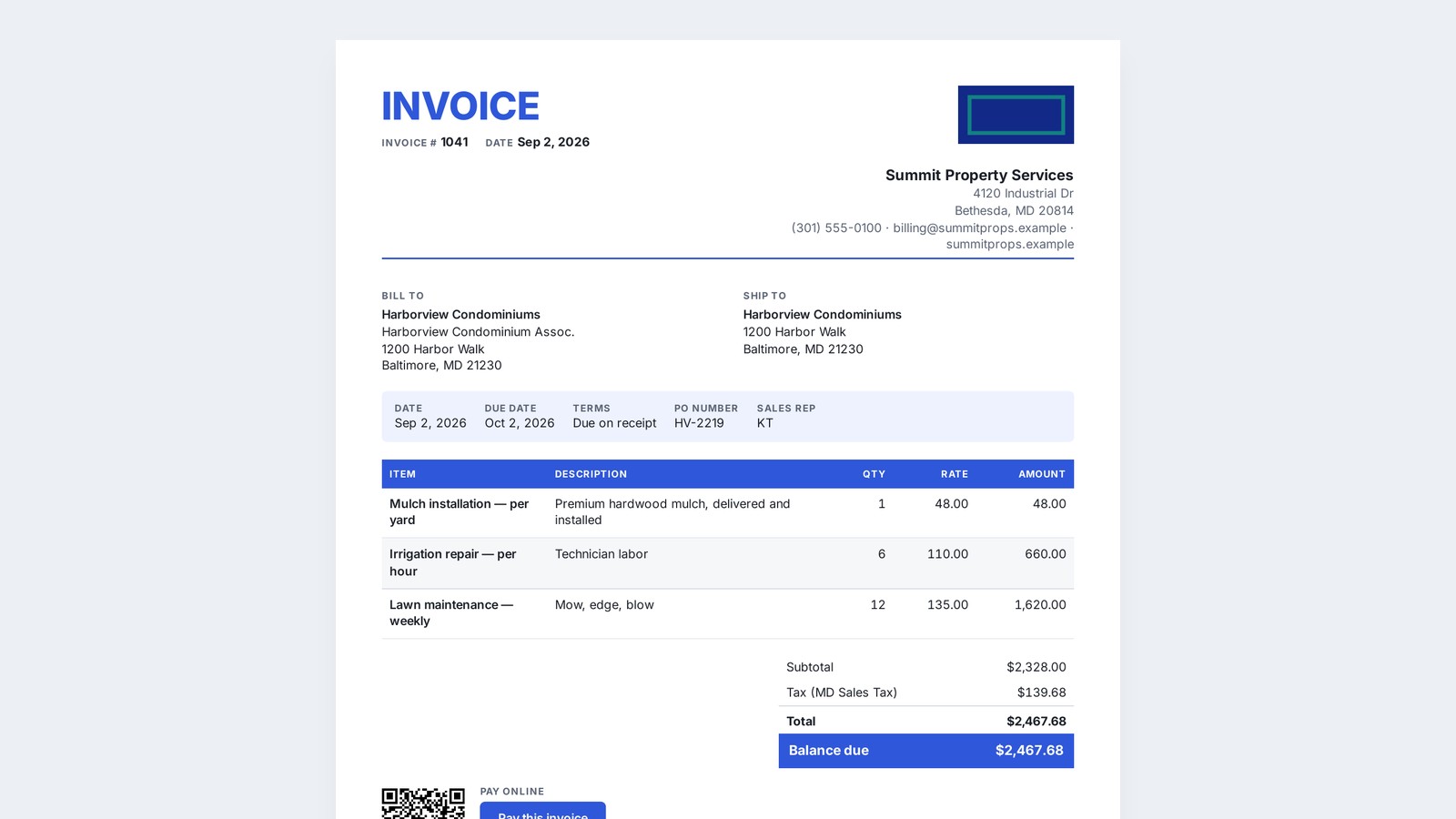A finished invoice PDF with the QuickBooks Payments link and QR code